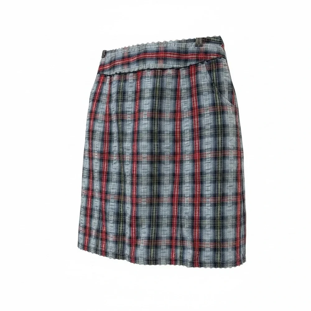 Liz Claiborne Skirt Womens 14 Blue Madras Plaid Pockets Ric Rac A-Line Cotton